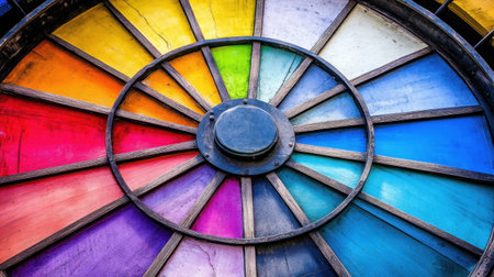 A captivating view of a colorful wheel showcasing a stunning array of vibrant colors, emphasizing artistic expression and design principles through its unique wooden structure.の素材