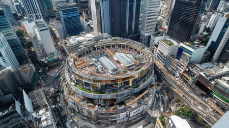Stunning aerial view captures a bustling urban construction site amidst a vibrant cityscape, showcasing the complexity of modern architecture and infrastructure development.の素材