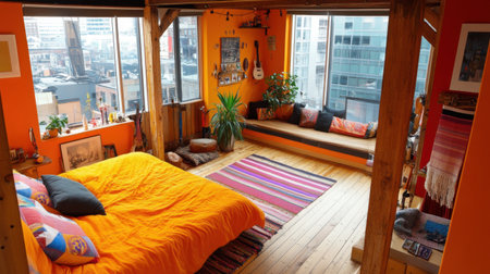 A cozy urban bedroom featuring vibrant colors, natural light, artistic decor, and a relaxing atmosphere. An inviting space perfect for restful moments and creative inspiration.の素材