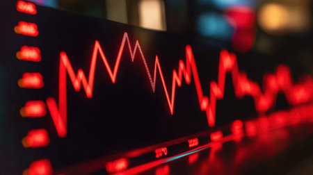 Vividly captured image of a red financial graph, representing stock market trends and volatility, set against a dark background, showcasing economic uncertainty.の素材