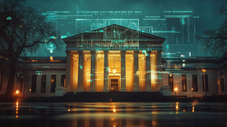 A stunning historic building captures attention at night, illuminated brilliantly and surrounded by digital overlays, symbolizing the fusion of heritage and modern technology.の素材