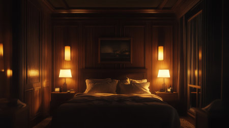 Experience the serene ambiance of a stylish bedroom featuring warm wood panels, soft lighting, and inviting decor, ideal for relaxation and comfort in a luxurious setting.の素材