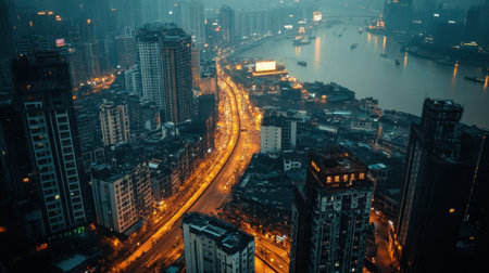 Captivating aerial view of a bustling city at night, featuring illuminated roads and skyscrapers alongside a serene river, creating an energetic urban ambiance.の素材