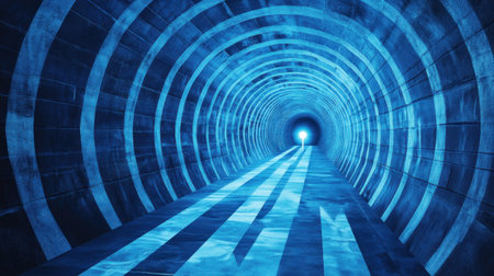 A stunning visual of a futuristic tunnel, illuminated with soft blue light, drawing the viewer's eye toward a bright end, symbolizing a journey into the unknown.の素材