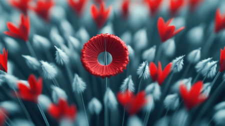 An enchanting abstract scene featuring red flowers and hearts, creating a dreamlike atmosphere filled with passion and serenity, perfect for artistic and romantic themes.の素材