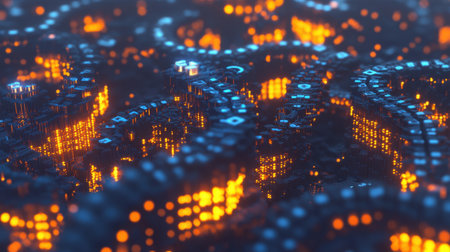 Captivating abstract rendering of a futuristic city filled with glowing lights, intricate patterns, and a dynamic atmosphere, embodying modern technology and innovation.の素材