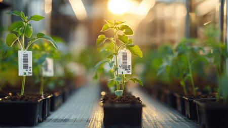 Greenhouse scene featuring healthy tomato plant seedlings with barcode labels under warm sunlight, highlighting growth and sustainability in modern agricultural practices.の素材