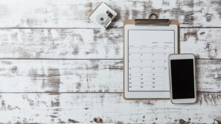 This image depicts a calendar placed on a wooden desk alongside a smartphone and stationery items, ideal for showcasing productivity and workspace organization.の素材