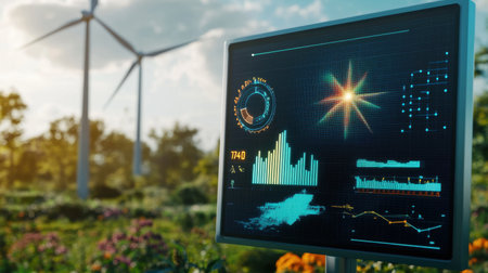 A vibrant outdoor scene showcasing a data monitor displaying renewable energy metrics with wind turbines and blooming greenery in the background, highlighting sustainability.の素材