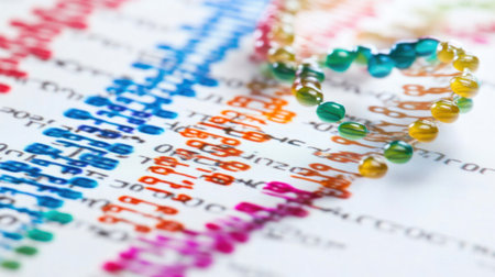 Close-up of a vibrant DNA sequence on paper, adorned with a beaded heart, symbolizing the connection between life sciences and education in genetics and biotechnology.の素材