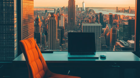 A stunning modern office space with an orange chair and a breathtaking view of New York City's skyline at sunset, ideal for showcasing urban lifestyle and corporate elegance.の素材