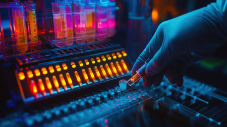 A close-up view of a hand holding a test tube in a modern laboratory filled with vibrant liquid samples, showcasing the advanced technology and scientific research methods in use.の素材