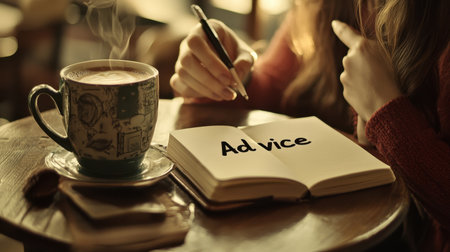 A tranquil coffee shop scene captures a woman writing in a notebook, emphasizing the idea of advice in a cozy, warm atmosphere with a steaming mug nearby.の素材