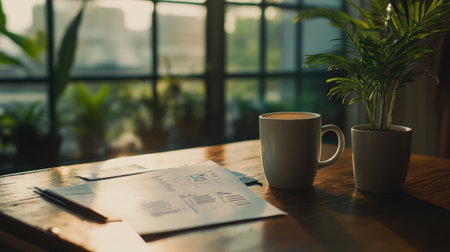 A serene workspace featuring a coffee mug and a small plant on a wooden desk, illuminated by soft natural light, creating a tranquil atmosphere perfect for productivity.の素材
