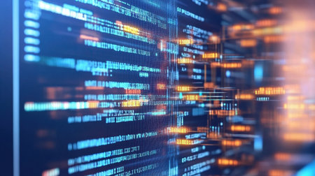 Explore a vibrant digital landscape featuring flowing data lines and binary code, ideal for illustrating technology, data analysis, and innovative concepts.の素材