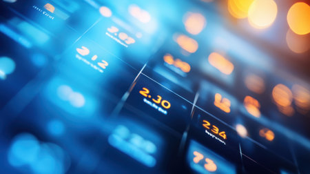 Close-up view of a digital financial display featuring glowing numbers, representing stock market trends and data analysis in a modern technological environment.の素材