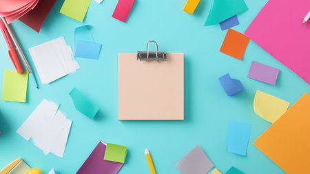 A vibrant assortment of stationery items surrounds a blank clipboard on a striking blue table, perfect for artistic projects, note-taking, or creative organization in any workspace.の素材