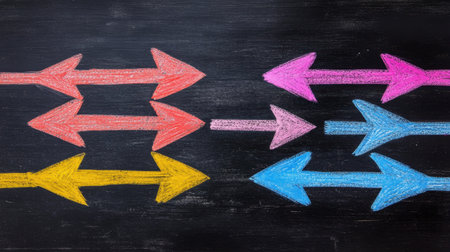Vibrant chalk arrows on a blackboard symbolize choices and direction, perfect for educational purposes and visually engaging themes in workshops or classrooms.の素材