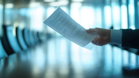 A person handing over a document in a contemporary office, highlighting business communication and the essence of collaborative discussions among professionals.の素材