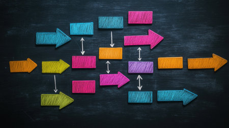 Vibrant arrows and boxes on a chalkboard symbolize decision-making, creativity, and problem-solving in a business or educational context, promoting innovative thinking and collaboration.の素材