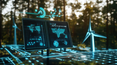 A captivating digital interface displays renewable energy data alongside wind turbines in a serene forest, emphasizing innovation and sustainable technology for a greener future.の素材