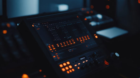 A close-up of a modern control panel with illuminated buttons, showcasing advanced audio technology in a sleek studio environment for creative professionals.の素材