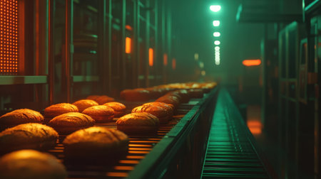 Experience the bustling atmosphere of a modern bakery with freshly baked loaves moving along a conveyor belt, illuminated by a warm, inviting glow showcasing the art of bread making.の素材