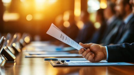 A professional business meeting with individuals focused on discussions, documents in hand, and warm sunlight filtering through the office, emphasizing collaboration and decision-making.の素材