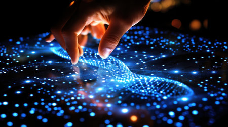 A captivating image of a hand reaching towards a digital display of blue light particles and patterns, symbolizing interaction with modern technology and the concept of infinity.の素材
