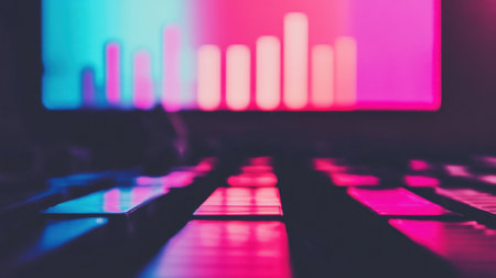 An abstract composition highlighting digital analytics and vibrant colors, focusing on a keyboard with a graphical display in the background, ideal for tech and business themes.の素材