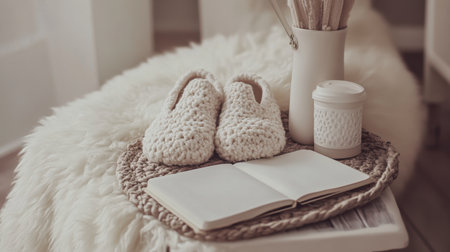 A cozy scene featuring knitted slippers and a blank notebook alongside a coffee cup, perfect for creating a warm and inviting atmosphere in any living space.の素材