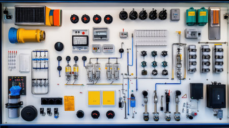A comprehensive view of an industrial control panel showcasing a range of components for monitoring and controlling operational processes in an efficient layout.の素材