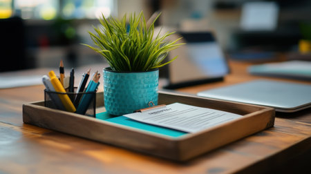 An inviting workspace image showcasing a potted plant, writing tools, and organized stationery on a wooden desk, highlighting a blend of professionalism and comfort.の素材