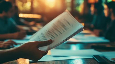 A close-up of a hand holding a document in a professional meeting setting, highlighting the importance of teamwork and communication among engaged individuals in bright surroundings.の素材