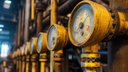 Close-up view of industrial pressure gauges in a manufacturing setting, highlighting their importance for monitoring safety and performance in operational processes.の素材