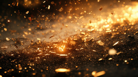 This mesmerizing image features sparkling golden particles in motion, set against a dark backdrop, creating a captivating atmosphere that evokes beauty and elegance for artistic projects.の素材