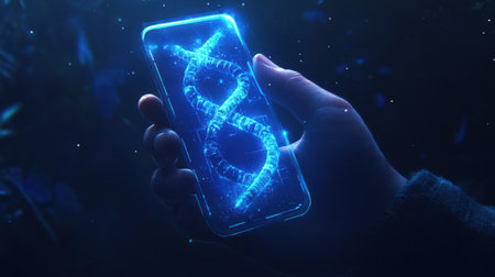 A hand holds a smartphone with a luminous DNA display, symbolizing advancements in biotechnology and digital innovations within a captivating, dark atmosphere.の素材