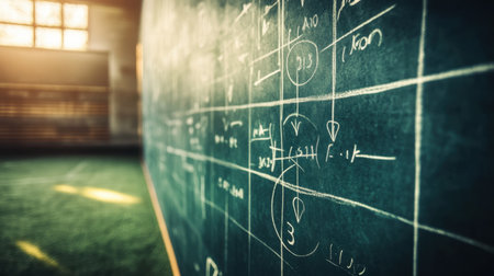 This captivating classroom scene features an intricate chalkboard filled with detailed illustrations, warm lighting, and a focused academic environment, ideal for education and creativity.の素材