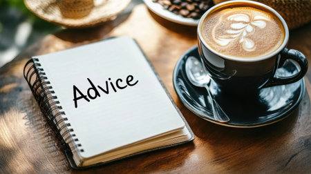 A cozy setting featuring a cup of coffee and a notebook with the word "Advice," ideal for creativity, relaxation, and self-reflection in a home or cafe environment.の素材