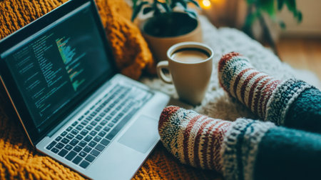 A warm and inviting home workspace featuring a laptop, a cup of coffee, and cozy knitted socks, ideal for remote work and creative moments in a relaxed environment.の素材
