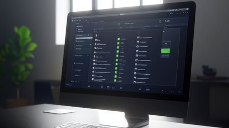 A sleek computer screen shows a user interface with a data management dashboard. The setting features minimalistic decor and a touch of greenery, ideal for modern business environments.の素材