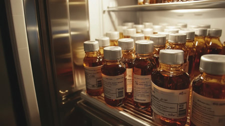 A neatly organized refrigerator showcasing clear glass bottles filled with liquid medicine or syrup, highlighting efficient storage solutions for healthcare and pharmaceutical products.の素材
