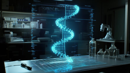 A high-tech laboratory showcases a holographic DNA structure, surrounded by scientific instruments and glassware, representing modern advancements in genetic research and technology.の素材