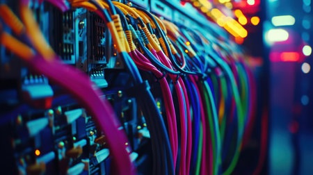 A vibrant close-up image showcasing colorful network cables organized neatly into a server rack in a data center, emphasizing technology and digital communication.の素材