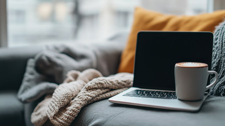 A cozy home office scene featuring a laptop on a soft sofa, surrounded by a warm blanket and a coffee mug, perfect for creating a relaxed and productive atmosphere.の素材