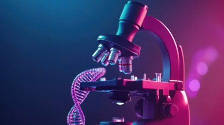 A modern microscope focuses on a DNA strand, illuminated by vibrant lights, symbolizing the cutting-edge research and discovery in the field of biological sciences.の素材