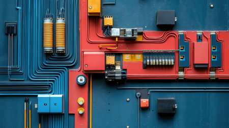 Detailed image of colorful electrical components and wiring against a blue background, highlighting modern design and industrial elements in engineering contexts.の素材