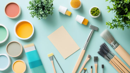 A vibrant arrangement of art supplies, tools, and plants on a soothing light blue background, perfect for inspiring creativity in any artistic project or craft endeavor.の素材