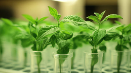 Image features vibrant green plants growing in clear cups, illuminated by bright lights in an indoor garden, showcasing the innovation of sustainable agricultural practices.の素材