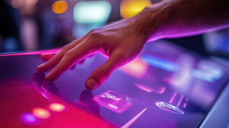 A close-up view of a hand reaching for a vibrant interactive touchscreen display, showcasing the fusion of technology and user engagement in a modern digital landscape.の素材